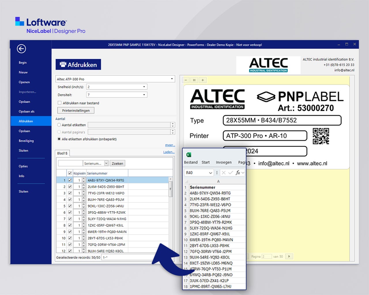 NiceLabel 10 Designer Pro verwerkt serienummers uit een Excel-bestand voor het automatisch afdrukken van labels met variabele gegevens